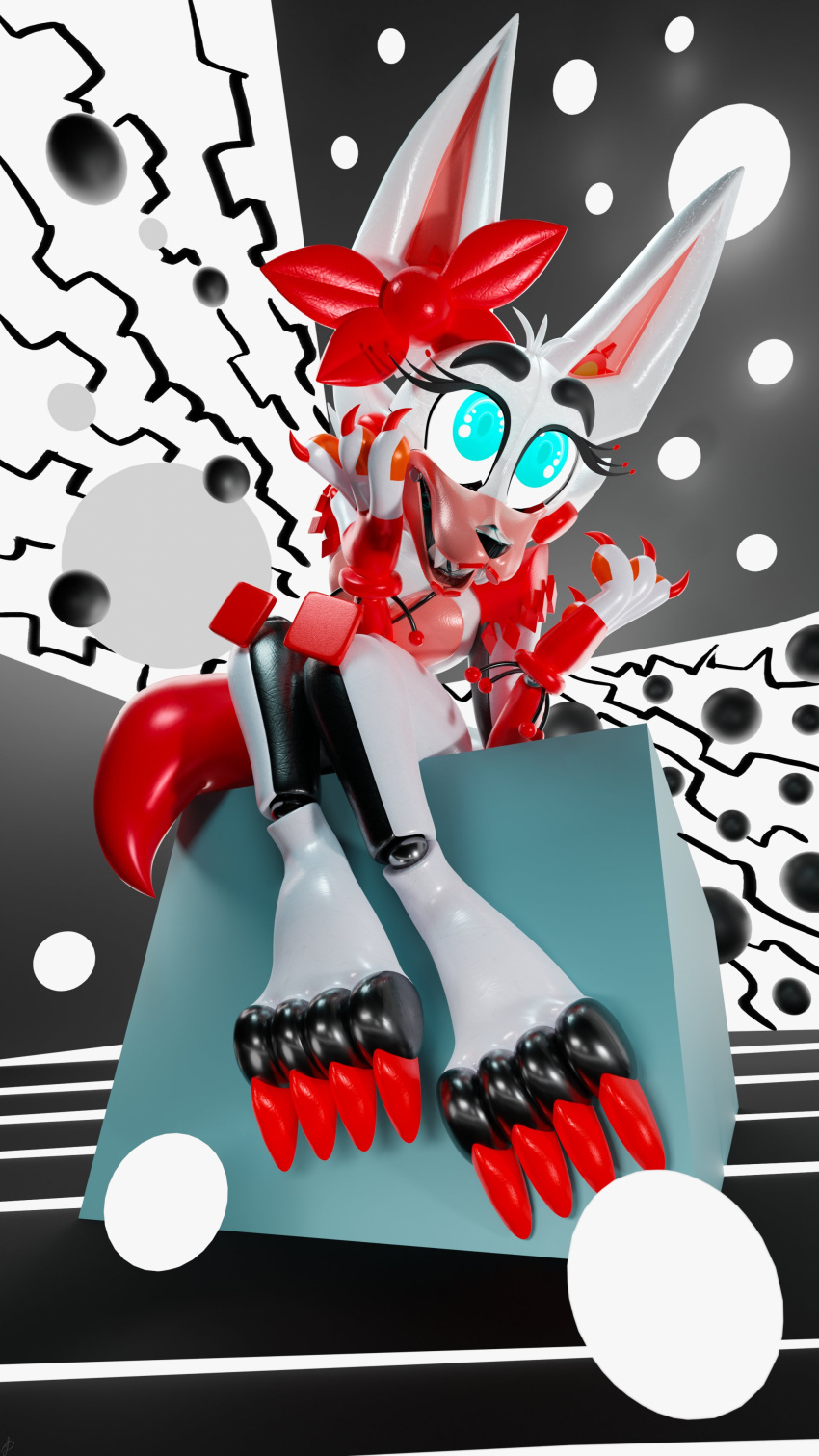 2021 3d_(artwork) 4_toes abstract_background absurd_res animator's_hell animatronic anthro big_ears black_body black_nose black_skin blue_eyes bow_(feature) bow_ribbon canid canine claws cube_(object) digital_media_(artwork) eyebrows eyelashes feet female fox grey_background hi_res lips long_ears machine mammal pink_body pink_skin red_body red_skin robot sharp_claws sharp_teeth simple_background sitting smile solo sunny_(animator's_hell) sunnyjd04 tail teeth thick_eyebrows toes white_background white_body white_skin