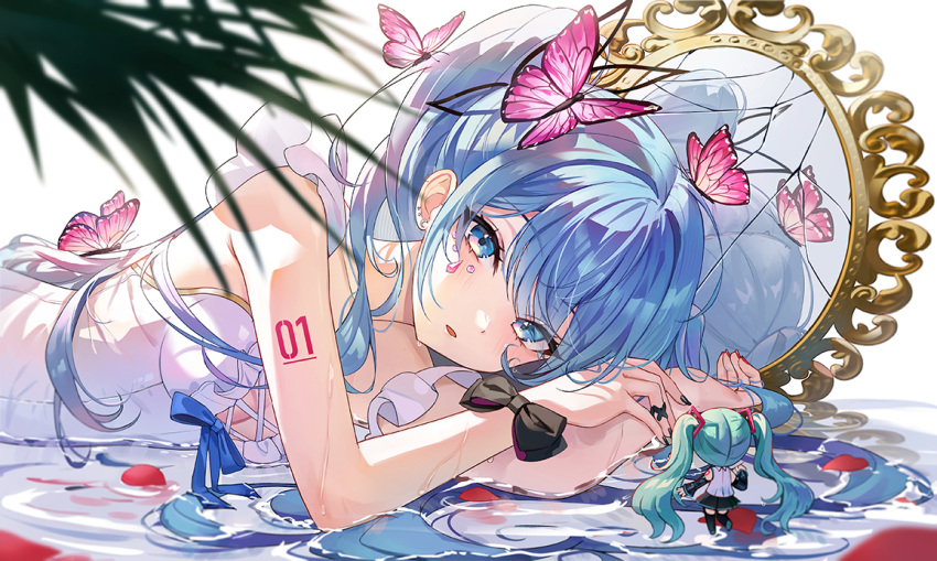 2girls aqua_hair bare_arms black_nails black_ribbon black_skirt black_sleeves black_thighhighs blue_eyes blue_hair blue_ribbon blurry breasts broken_mirror bug butterfly butterfly_on_head caustics cleavage cleavage_cutout clothing_cutout collarbone cross-laced_clothes cross-laced_dress depth_of_field detached_sleeves dot_nose dress dual_persona earrings expressionless fingernails frills from_behind full_body gem gold_trim hair_over_shoulder half-closed_eyes hatsune_miku jewelry light_blue_hair light_blush long_hair looking_at_viewer lying medium_breasts mini_person minigirl mirror mrr_05 multiple_girls number_tattoo on_side palm_leaf parted_lips petals pink_butterfly pink_gemstone pleated_skirt red_nails reflection ribbon ripples shallow_water shirt shoulder_tattoo sidelighting simple_background skirt sleeveless sleeveless_dress sleeveless_shirt standing standing_on_one_leg tattoo thighhighs tsurime twintails very_long_hair vocaloid water wet white_background white_dress white_shirt wrist_ribbon