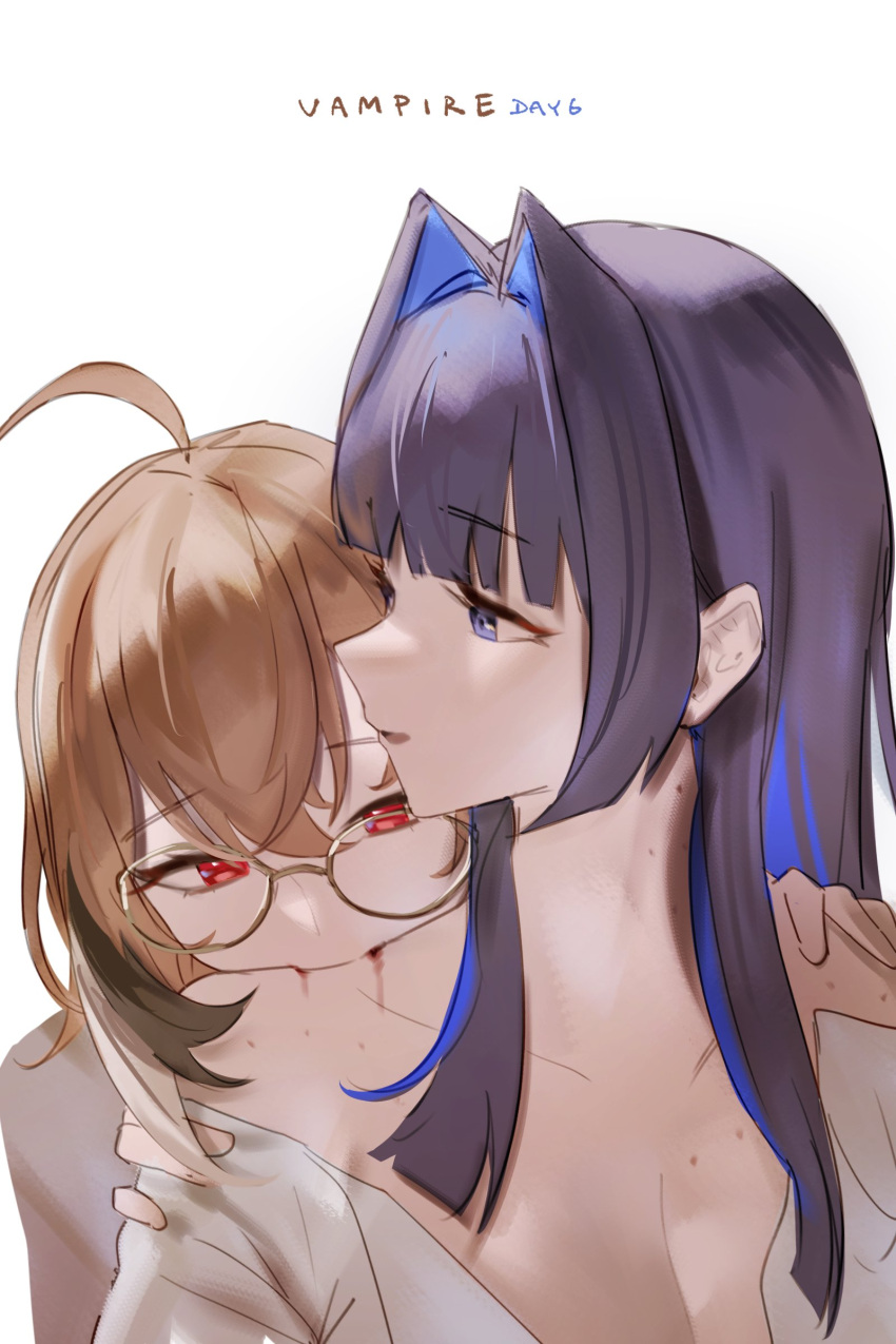 2girls absurdres ahoge aragiken bite_mark bite_mark_on_breast bite_mark_on_neck bite_mark_on_shoulder blue_eyes blunt_bangs brown_hair crossed_bangs dress_shirt english_text glasses hands_on_another's_shoulders highres hime_cut hololive hololive_english looking_at_another multicolored_hair multiple_girls nanashi_mumei nanashi_mumei_(3rd_costume) official_alternate_hairstyle ouro_kronii red_eyes round_eyewear shirt sidelocks streaked_hair vampire virtual_youtuber white_shirt yuri