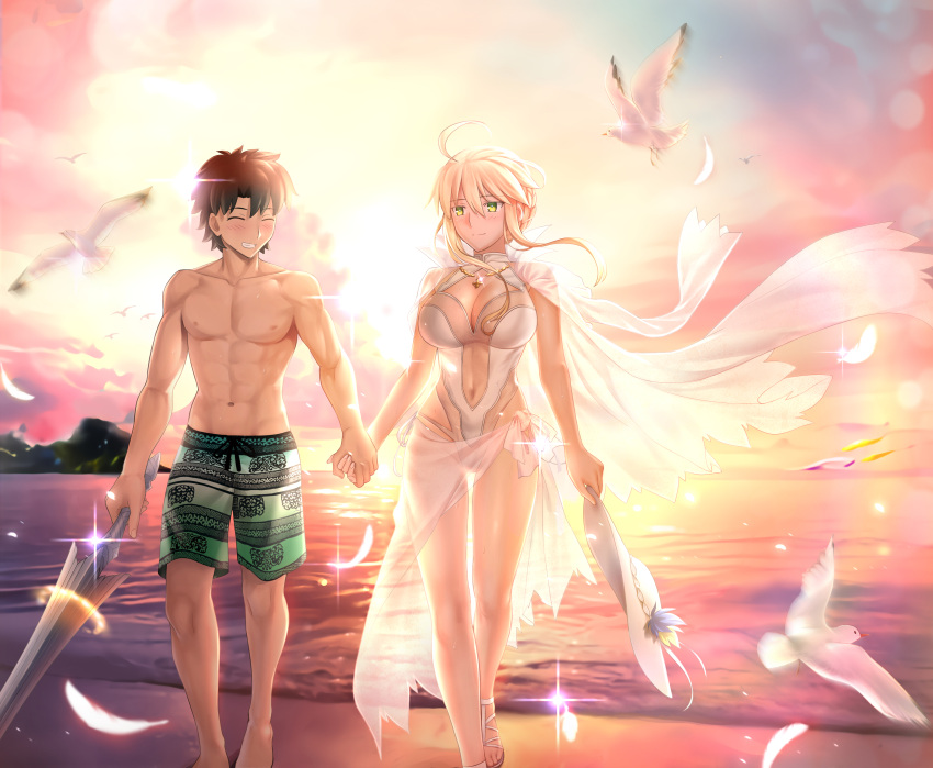 &amp;_love 1boy 1girl absurdres artoria_pendragon_(fate) artoria_pendragon_(lancer)_(fate) beach besmiled bird black_hair blonde_hair blush dove fate/grand_order fate_(series) fujimaru_ritsuka_(male) happy hat highres holding_hands sunset swimsuit water