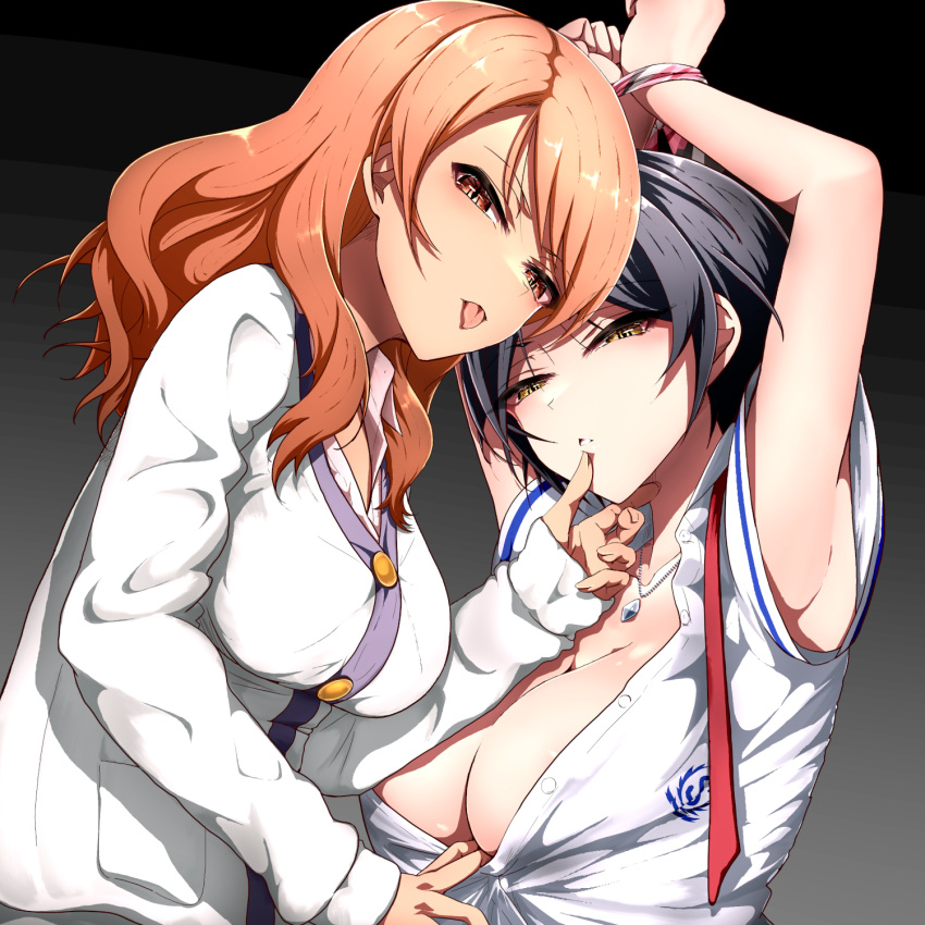 2girls arms_up black_hair blush bound bound_wrists breasts cardigan cleavage clothes_pull gradient_background hand_on_another's_chin hayami_kanade highres hitofudegaki_usagi hojo_karen idolmaster idolmaster_cinderella_girls large_breasts looking_at_viewer multiple_girls orange_hair pulled_by_another school_uniform shirt_pull simple_background tongue tongue_out upper_body white_cardigan yuri