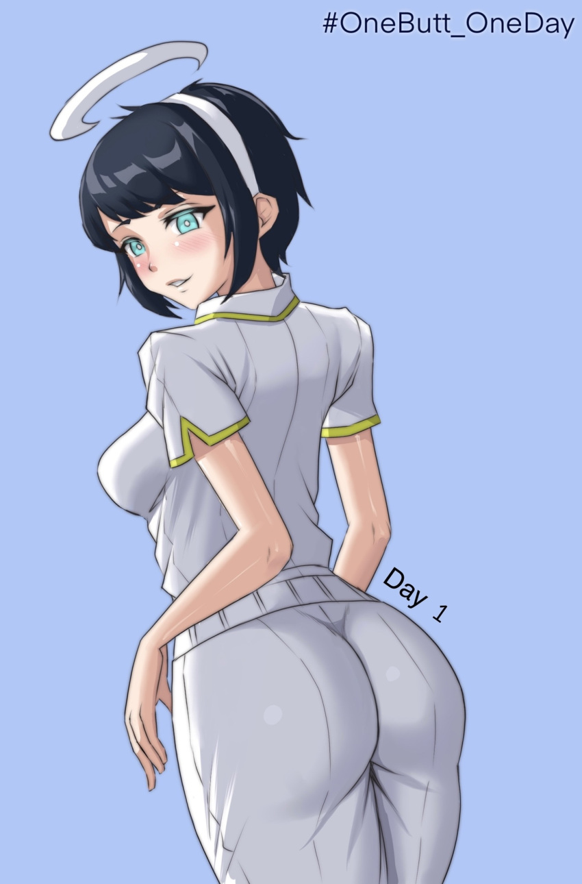 1girl angel aqua_eyes arched_back ass ass_focus azazel_(helltaker) black_hair blue_background blush breasts bright_pupils cowboy_shot english_text from_behind hairband halo hashtag helltaker highres impossible_pants looking_at_viewer looking_back medium_breasts nourenartist pants parted_lips presenting_ass shirt short_hair short_sleeves sidelocks simple_background smile solo standing white_hairband white_pants white_pupils white_shirt