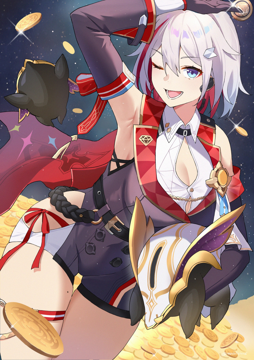 1girl absurdres arm_up armpits bare_shoulders between_fingers blue_eyes breasts cleavage clothing_cutout coin colored_inner_hair detached_sleeves grey_hair highres holding holding_coin honkai:_star_rail honkai_(series) multicolored_hair mush_(mushlicious) numby_(honkai:_star_rail) one_eye_closed open_mouth red_hair short_hair streaked_hair thigh_cutout topaz_(honkai:_star_rail) warp_trotter_(honkai:_star_rail)