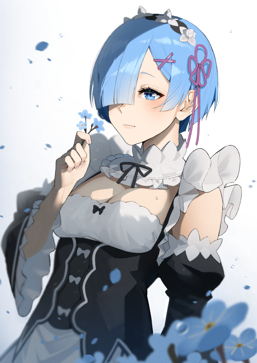 1girl blue_eyes blue_hair blunt_bangs breasts commentary detached_sleeves flower frilled_sleeves frills german_commentary hair_ornament hair_over_one_eye highres holding holding_flower long_sleeves maid medium_breasts one_eye_covered re:zero_kara_hajimeru_isekai_seikatsu rem_(re:zero) roswaal_mansion_maid_uniform sasoura short_hair solo underbust wide_sleeves x_hair_ornament