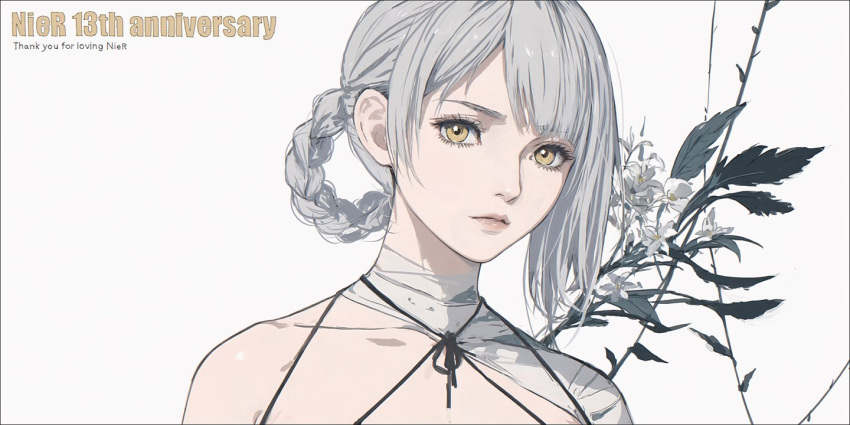 1girl anniversary asymmetrical_bangs asymmetrical_hair bandaged_arm bandaged_neck bandages bare_shoulders black_border border braid collarbone commentary copyright_name d.k english_commentary flower grey_hair hair_rings kaine_(nier) looking_at_viewer lunar_tear nier nier_(series) parted_lips red_eyes red_lips simple_background single_bare_shoulder solo white_flower