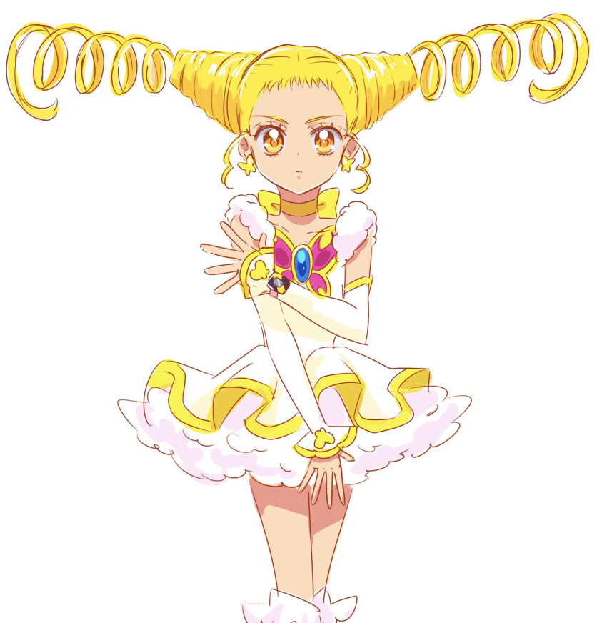 1girl blonde_hair butterfly_brooch butterfly_earrings choker commentary cure_lemonade detached_sleeves dress drill_hair earrings expressionless eyelashes fpminnie1 highres jewelry kasugano_urara_(yes!_precure_5) long_hair looking_at_viewer magical_girl precure simple_background sketch solo standing symbol-only_commentary twin_drills white_background white_dress yellow_choker yellow_eyes yes!_precure_5