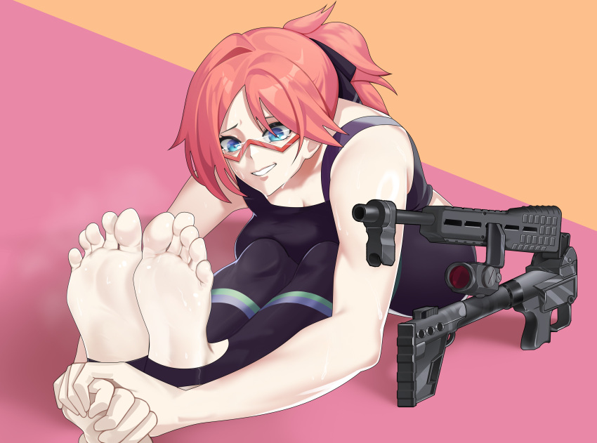 1girl absurdres barefoot black_pants black_ribbon black_tank_top blue_eyes breasts chinese_commentary cleavage commentary_request commission feet folding foot_focus full_body girls'_frontline glasses grin hair_ribbon highres kel-tec_sub-2000 large_breasts long_hair nervous_smile no_shoes pants ponytail red-framed_eyewear ribbon second-party_source semi-rimless_eyewear simple_background smile soles solo steam stirrup_legwear sub-2000_(girls'_frontline) sweat tank_top toeless_legwear toes under-rim_eyewear variant_set weapon xihongshiniuroubao_zipora yoga