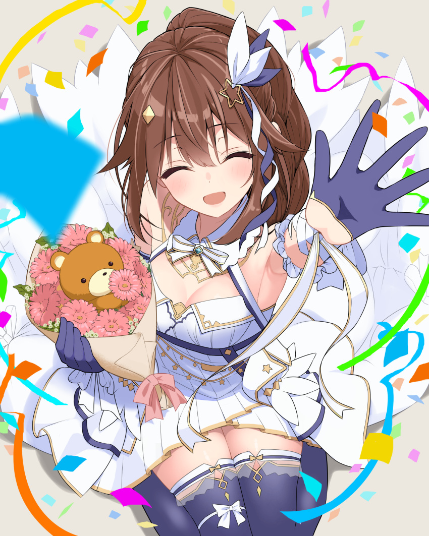 1girl ankimo_(tokino_sora) arm_up armpits bare_shoulders blush breasts brown_hair closed_eyes confetti diamond_hair_ornament dress flower gloves hair_flaps hair_ornament highres hololive kuronaga long_hair open_mouth ponytail solo star_(symbol) star_hair_ornament thighhighs tokino_sora virtual_youtuber