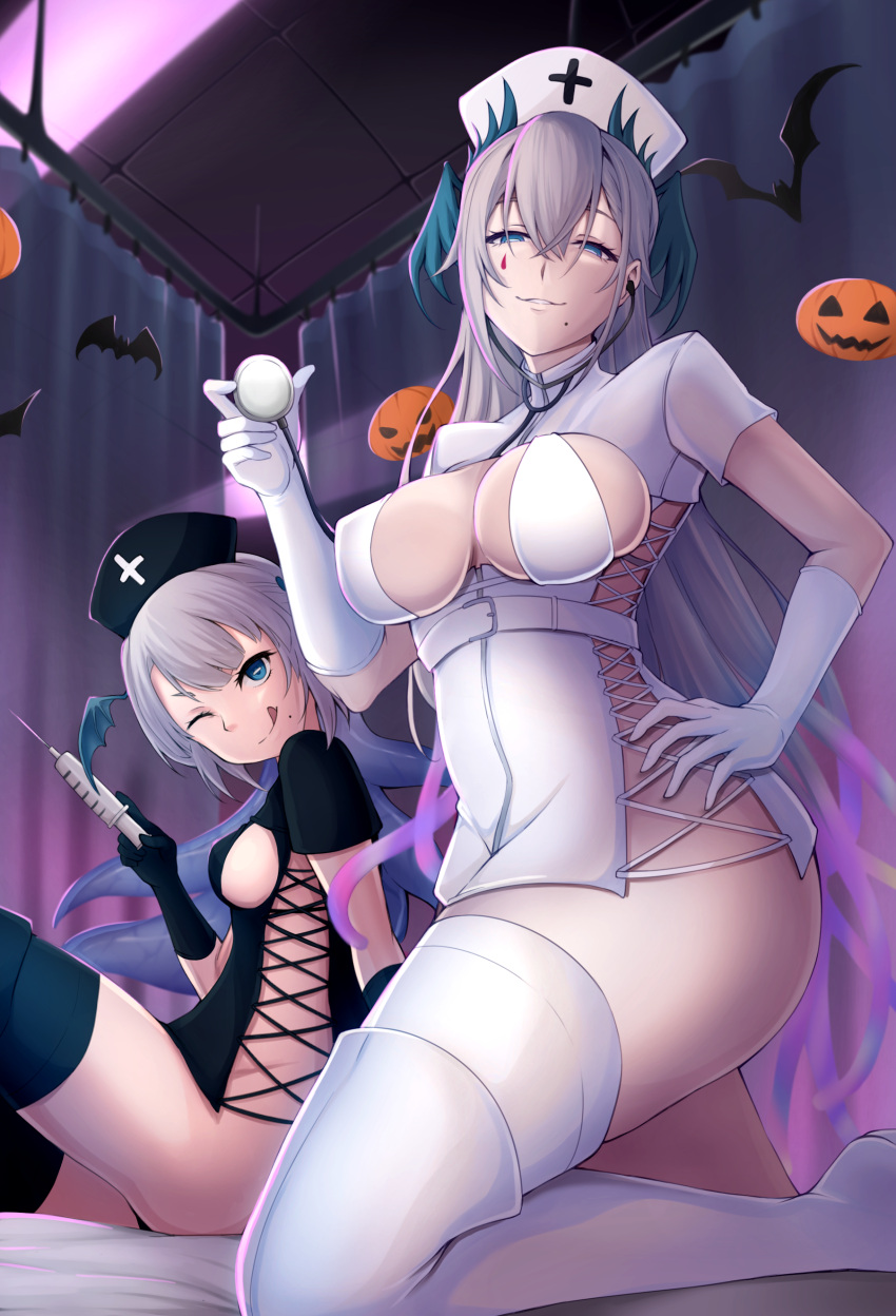 2girls ;q absurdres bat_ornament bikini black_dress black_gloves blue_eyes boots breasts bright_pupils cleavage_cutout clothing_cutout cross-laced_clothes cross-laced_dress curtains dress gloves gorgenzolla grey_hair hair_between_eyes halloween hand_on_own_hip hat head_wings highres holding holding_stethoscope holding_syringe horizontal_pupils indie_virtual_youtuber jack-o'-lantern large_breasts long_hair medium_breasts mole mole_under_mouth multiple_girls nurse nurse_cap one_eye_closed pochimaru_(vtuber) short_dress swimsuit syringe teardrop_facial_mark tentacle_hair thigh_boots thighhighs thighhighs_under_boots tongue tongue_out virtual_youtuber white_bikini white_dress white_footwear white_gloves white_pupils white_thighhighs wings