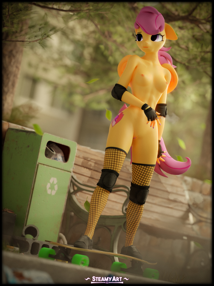 3d_(artwork) absurd_res anthro anthrofied breasts clothing digital_media_(artwork) equid equine female fishnet fishnet_legwear friendship_is_magic genitals hair hasbro hi_res legwear mammal mostly_nude my_little_pony nipples pegasus purple_hair pussy scootaloo_(mlp) skateboard solo steamyart wings