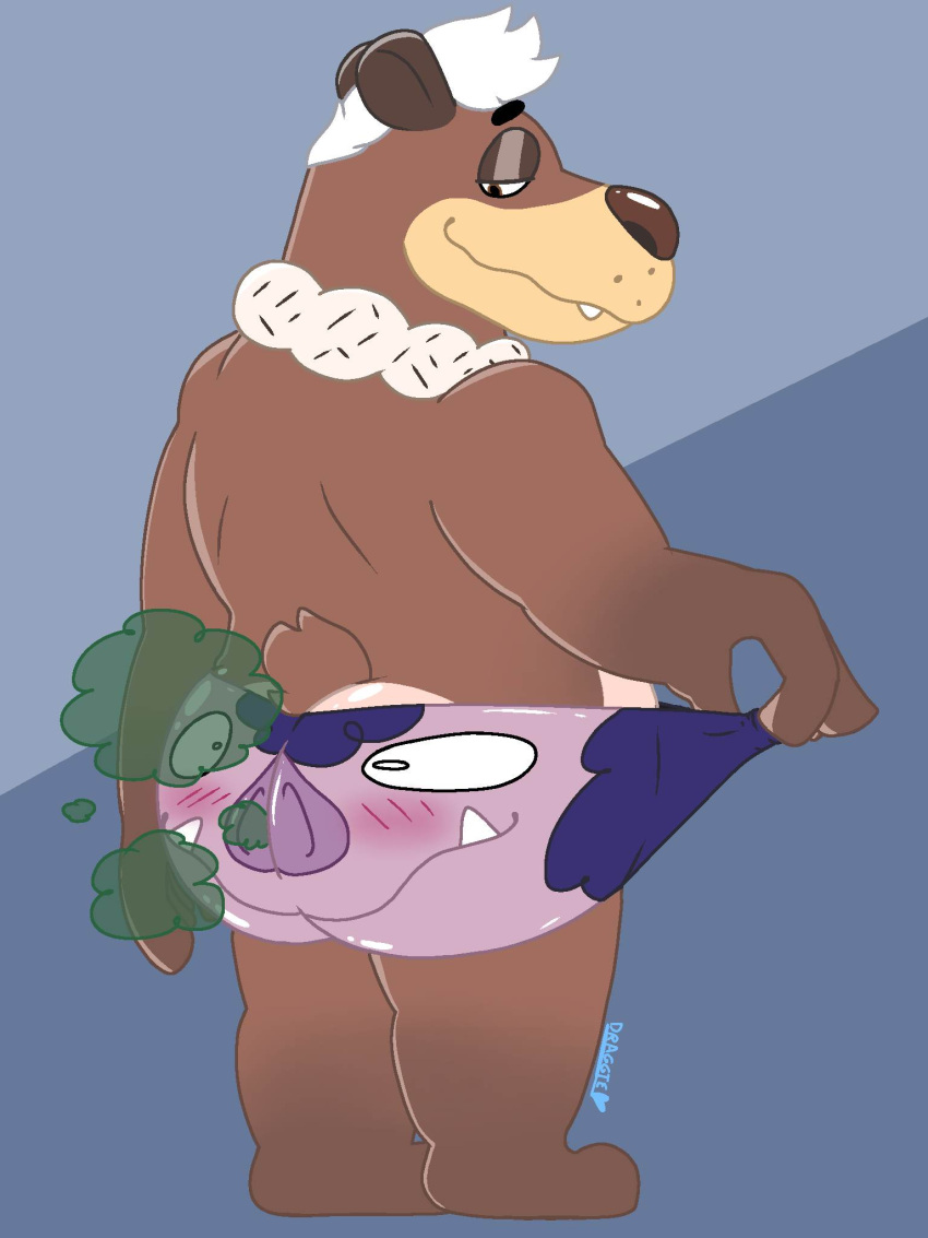 bear blush blush_lines bubblegum_(character) clothing domestic_pig duo fart fart_cloud hi_res male male/male mammal suid suina sus_(pig) transformation underwear underwear_transformation wild_boar