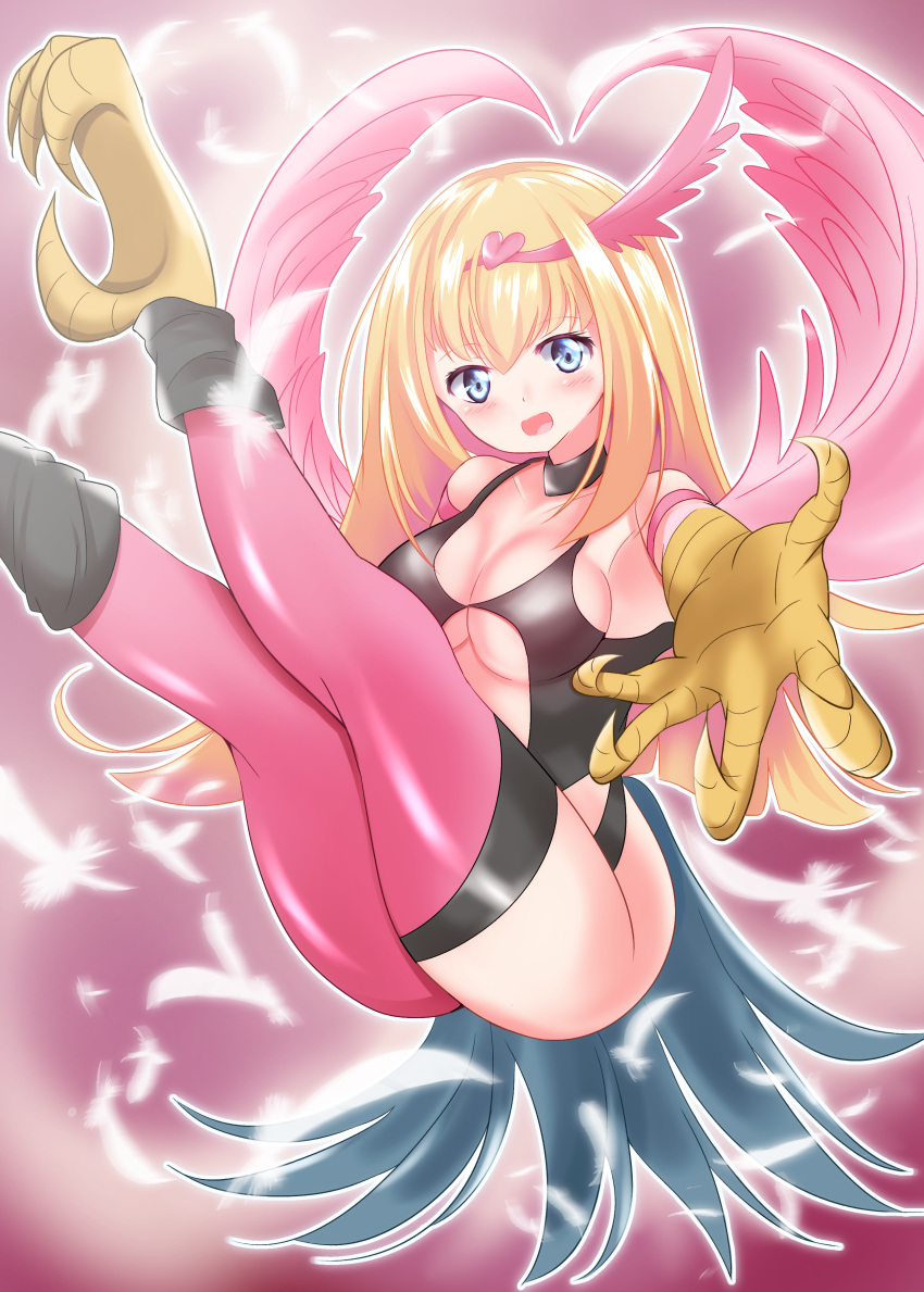 1girl absurdres bare_shoulders blonde_hair blue_eyes blush breasts claws cleavage duel_monster feathered_wings feathers hair_ornament harpie_girl_(yu-gi-oh!) harpy heart heart_hair_ornament highres long_hair medium_breasts monster_girl open_mouth pink_feathers pink_wings reaching reaching_towards_viewer revealing_clothes solo talons thighhighs tomaton winged_arms wings yu-gi-oh!