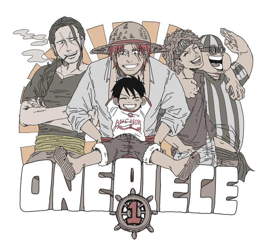 5boys aged_down bandana benn_beckman black_eyes black_hair character_name child cigarette closed_eyes commentary_request crossed_arms dreadlocks english_text facial_hair full_body goggles hand_on_another's_shoulder hat headband highres long_hair low_ponytail lucky_roux male_focus monkey_d._luffy multiple_boys one_piece open_mouth ponytail ram3988 red_hair sandals scar scar_across_eye scar_on_cheek scar_on_face shanks_(one_piece) shirt short_hair short_sleeves shorts smile smoke straw_hat teeth yasopp