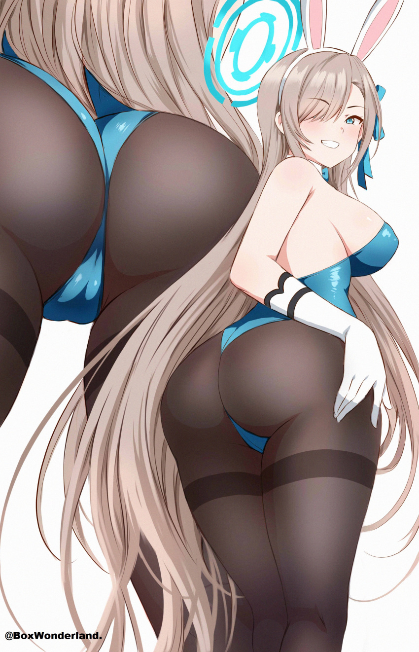 1girl absurdres animal_ears ass ass_focus asuna_(blue_archive) asuna_(bunny)_(blue_archive) blue_archive blue_eyes blue_leotard box_wonderland breasts detached_collar english_commentary fake_animal_ears from_behind gloves grin highres large_breasts leotard long_hair looking_back multiple_views pantyhose playboy_bunny rabbit_ears smile very_long_hair white_gloves