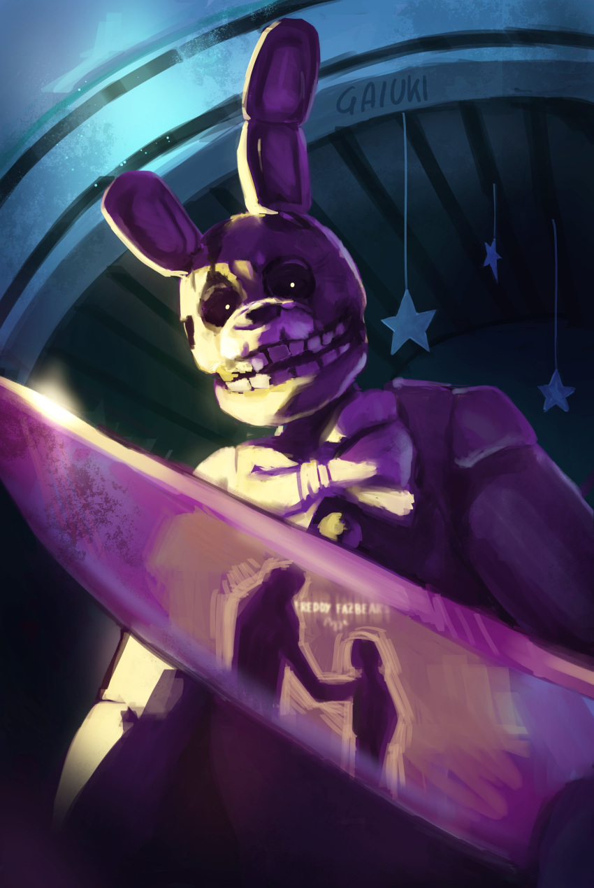 2023 absurd_res animatronic black_eyes bow_tie button_(fastener) child clothing constricted_pupils costume decoration detailed_background digital_media_(artwork) doorway english_text five_nights_at_freddy's five_nights_at_freddy's_(film) five_nights_at_freddy's_3 gaiukiart_(artist) hi_res human humanoid knife lagomorph leporid looking_at_viewer looming machine male mammal not_furry open_mouth pupils rabbit reflection robot scottgames shaded signature silhouette small_pupils solo springtrap_(fnaf) teeth text white_pupils william_afton_(fnaf) yellow_body young