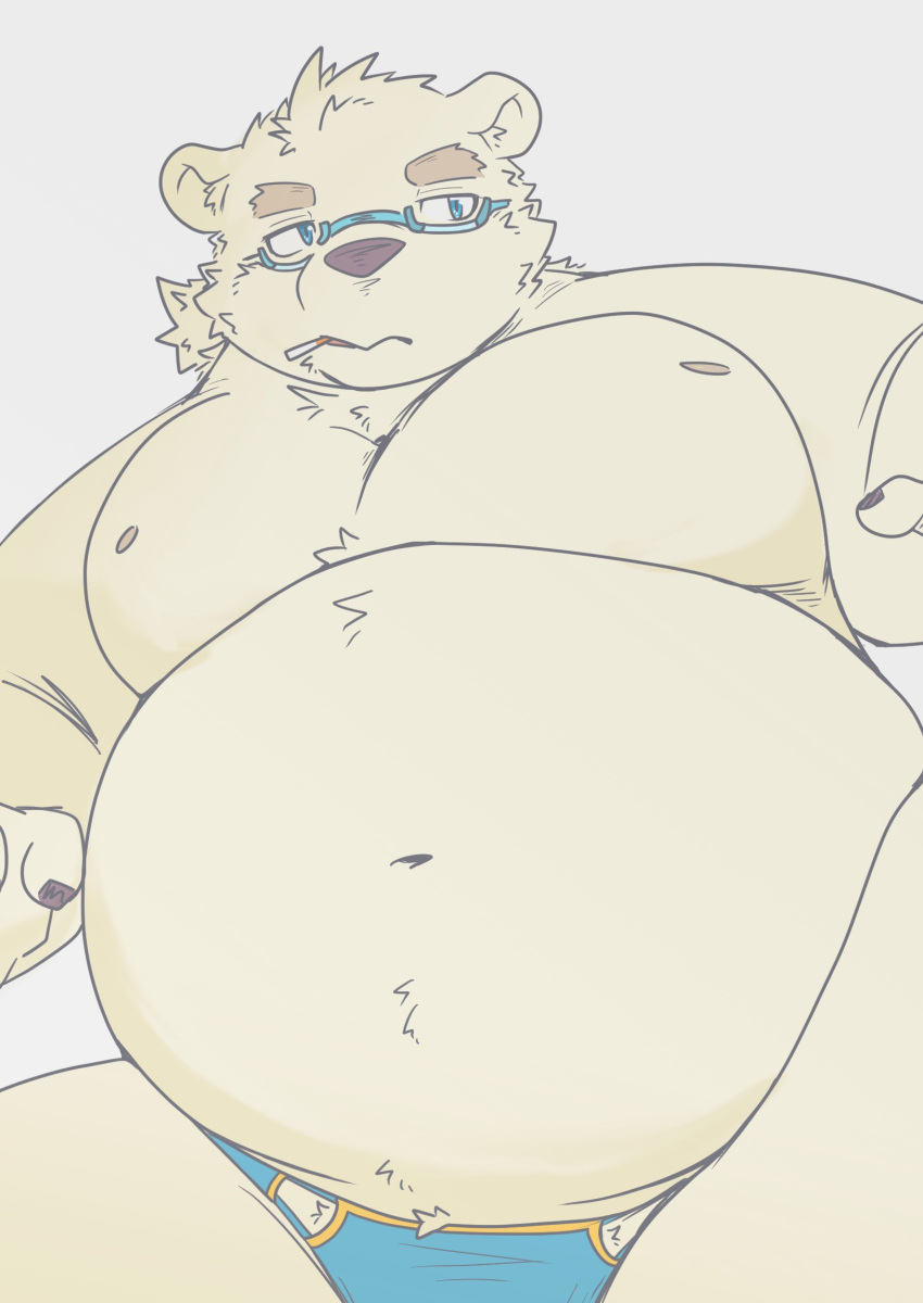 2023 anthro bear bear_2key belly big_belly clothing eyewear glasses hi_res kemono leib_(tas) lifewonders male mammal moobs nipples overweight overweight_male polar_bear smoking solo swimwear tokyo_afterschool_summoners ursine