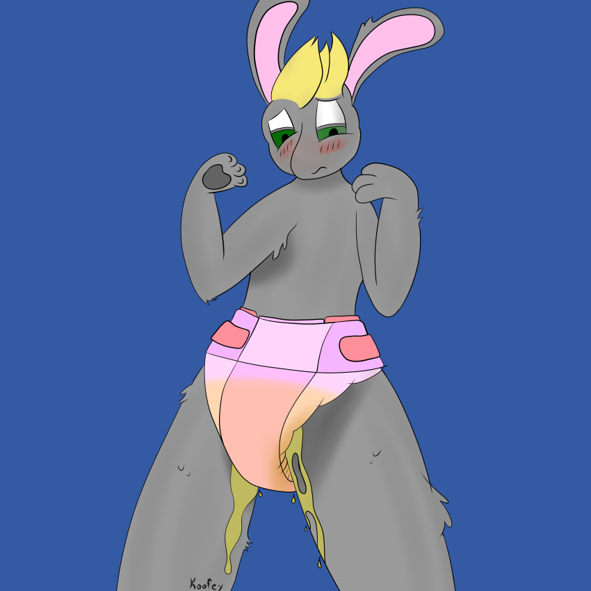 1:1 2d absurd_res anthro blush bodily_fluids diaper digital_media_(artwork) drawing genital_fluids hair hi_res invalid_tag koofey lagomorph leaking leaking_diaper leporid male mammal peeing rabbit solo superabsurd_res urine watersports wetting