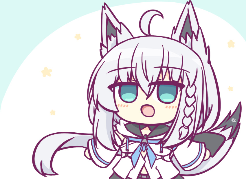 1girl ahoge animal_ear_fluff animal_ears blue_neckerchief blush braid chibi fox_ears fox_girl fox_tail green_eyes hair_between_eyes hololive kashimu long_sleeves looking_at_viewer neckerchief open_mouth pentagram shirakami_fubuki shirakami_fubuki_(1st_costume) side_braid sidelocks single_braid smile solo tail upper_body virtual_youtuber white_hair