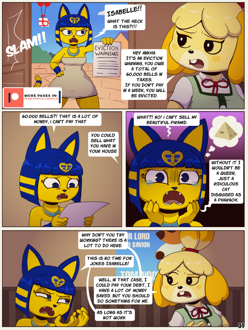 animal_crossing ankha_(animal_crossing) anthro blue_hair buckteeth canid canine canis clothed clothing comic dialogue domestic_cat domestic_dog duo felid feline felis female hair hi_res ike_marshall isabelle_(animal_crossing) mammal nintendo speech_bubble teeth yellow_body