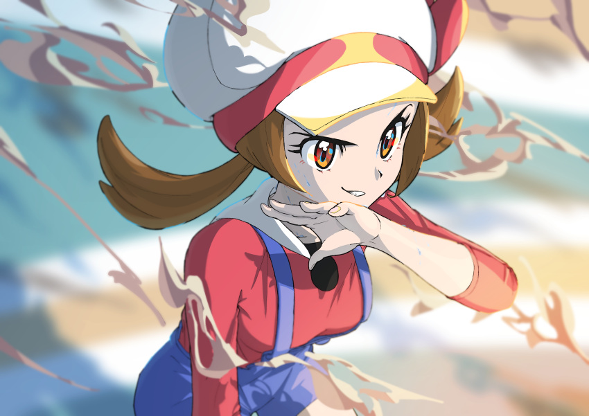 1girl absurdres blue_overalls bow brown_eyes brown_hair cabbie_hat determined dust_cloud from_side hand_on_own_face hat highres keeno-ringo46 looking_ahead low_twintails lyra_(pokemon) overalls pokemon pokemon_(game) pokemon_hgss red_bow red_shirt shirt teeth twintails v-shaped_eyebrows