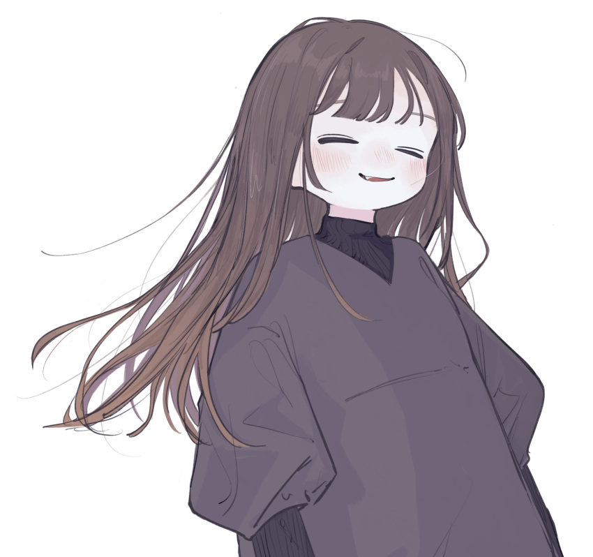 1girl absurdres black_sweater blush brown_hair closed_eyes dress fang grey_dress highres long_hair long_sleeves original parted_lips ribbed_sweater simple_background solo sweater sweater_under_dress turtleneck upper_body white_background yunoki_itsugu