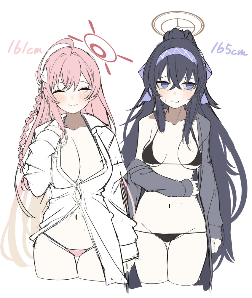 2girls ahoge bikini black_bikini black_hair blue_archive blush braid breasts closed_eyes closed_mouth collarbone collared_shirt cowboy_shot cropped_legs grey_jacket groin hair_between_eyes hairband halo hanako_(blue_archive) hanako_(swimsuit)_(blue_archive) highres jacket large_breasts long_hair long_sleeves multiple_girls navel nidaime_(doronbo) official_alternate_costume open_mouth pink_hair purple_eyes purple_hairband red_halo shirt simple_background single_braid small_breasts smile swimsuit ui_(blue_archive) ui_(swimsuit)_(blue_archive) very_long_hair white_background white_shirt