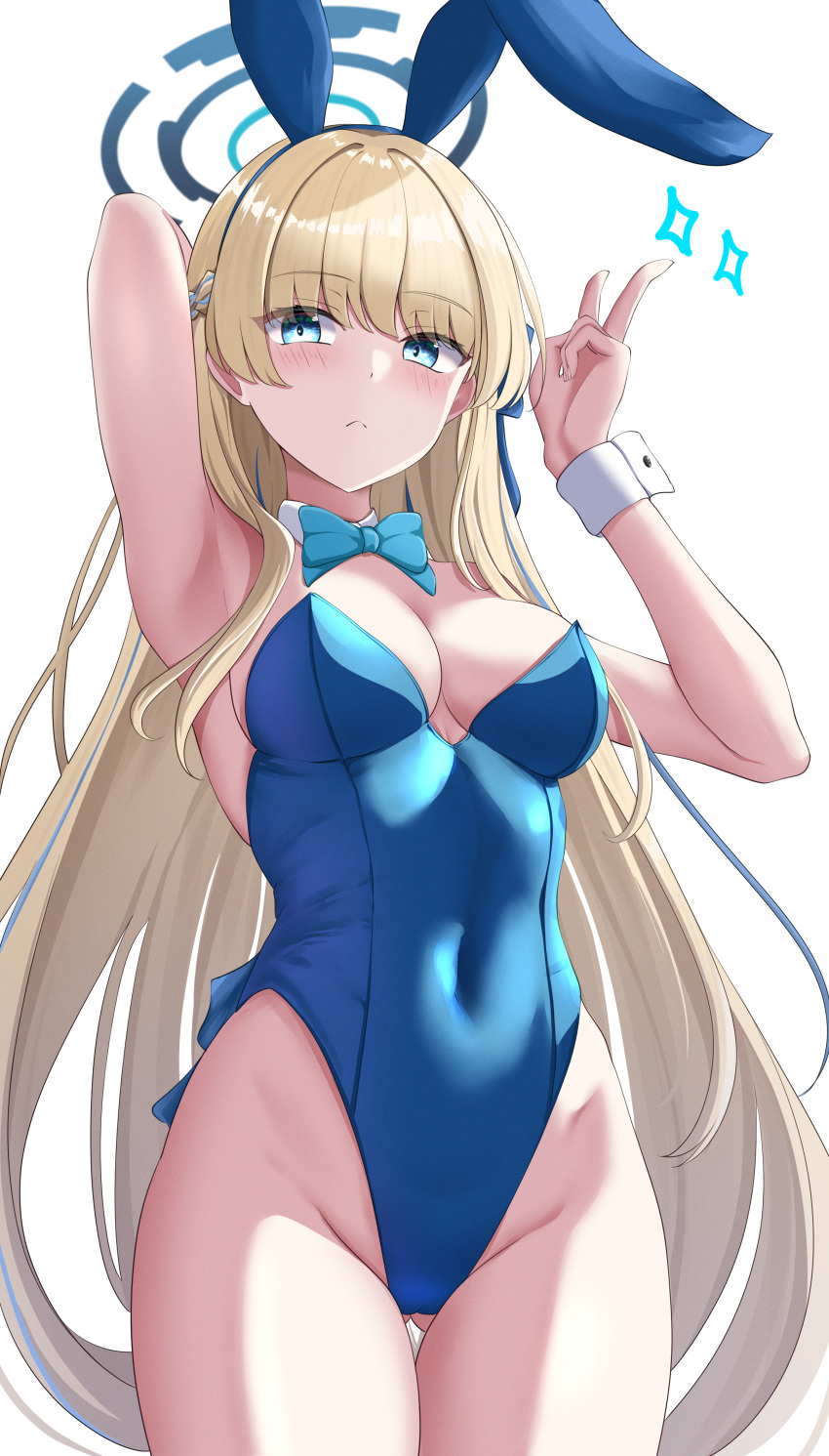 1girl absurdres animal_ears arm_up armpits ass_visible_through_thighs bare_shoulders blonde_hair blue_archive blue_bow blue_eyes blue_hairband blue_leotard blush bow bowtie braid breasts closed_mouth cowboy_shot detached_collar fake_animal_ears groin hairband halo hibika highleg highleg_leotard highres leotard long_hair looking_at_viewer medium_breasts official_alternate_costume official_alternate_hairstyle playboy_bunny rabbit_ears solo thighs toki_(blue_archive) toki_(bunny)_(blue_archive) v very_long_hair wrist_cuffs