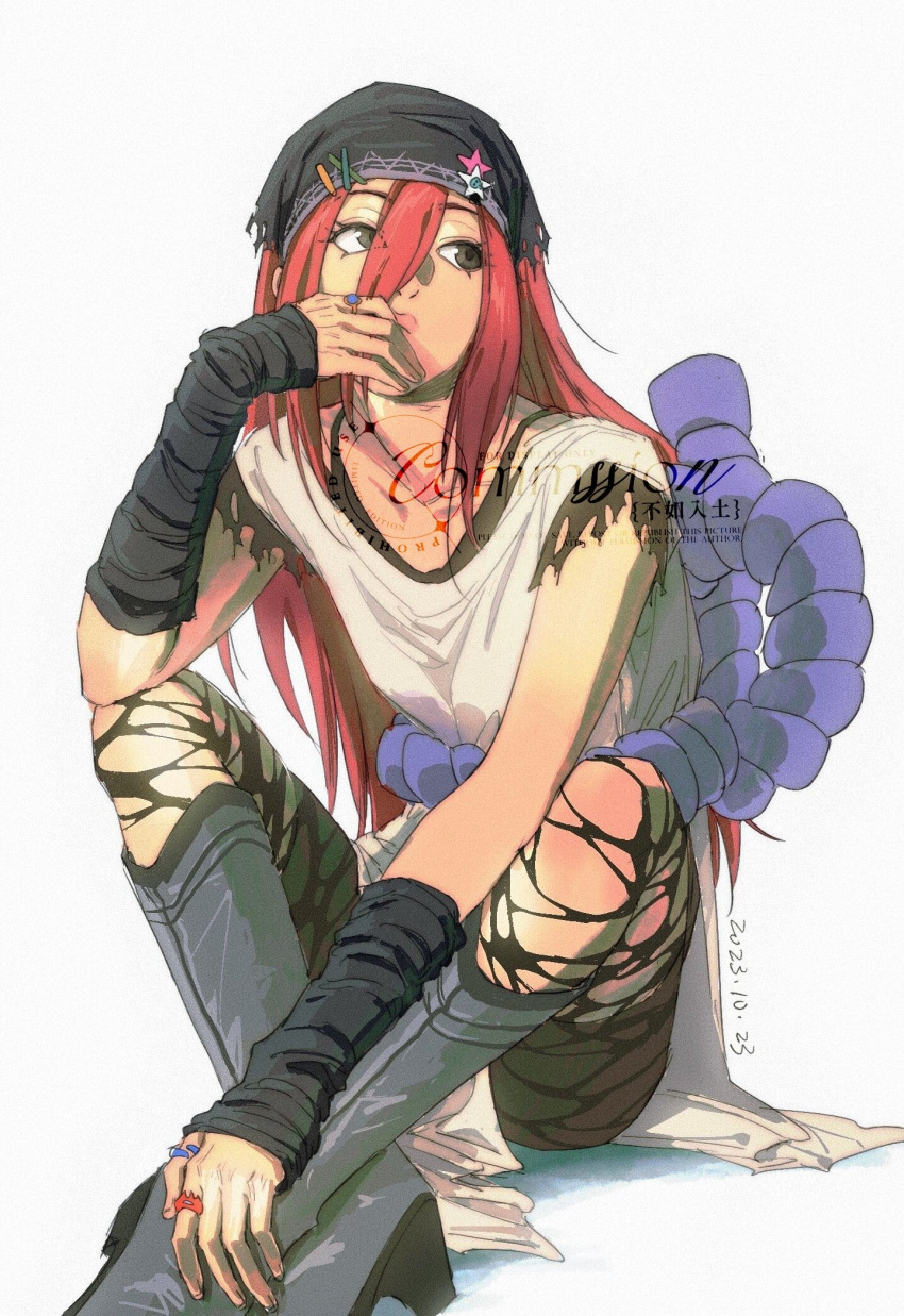 1girl black_eyes black_headwear black_thighhighs boots commission dated deja_vu_(zxmm00310400) eyelashes finger_to_mouth hair_between_eyes high_heels highres jewelry knee_boots long_hair looking_to_the_side multiple_rings naruto naruto_(series) red_hair ring rope shimenawa shirt simple_background sitting sleeveless sleeveless_shirt star_(symbol) tayuya_(naruto) thighhighs torn_clothes torn_thighhighs watermark white_background white_shirt