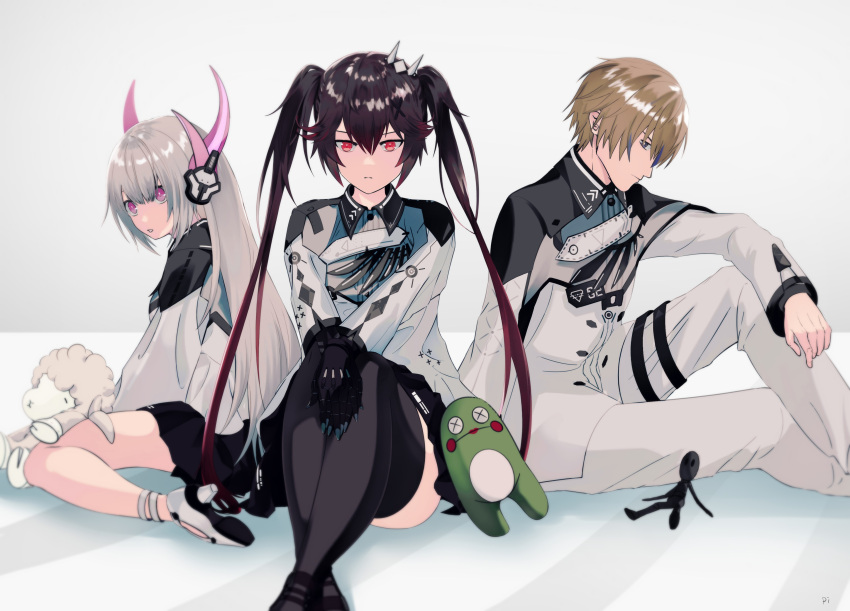 1boy 2girls absurdres bare_legs black_gloves black_hair black_skirt black_thighhighs blue_eyes collared_shirt gloves grey_hair grey_pants grey_shirt hair_between_eyes headgear headphones highres lee_(punishing:_gray_raven) light_brown_hair liv_(punishing:_gray_raven) long_hair long_sleeves lucia_(punishing:_gray_raven) multiple_girls pants pink_eyes ppig_p punishing:_gray_raven red_eyes sheep shirt short_hair sidelocks sitting skirt stuffed_animal stuffed_toy thighhighs twintails very_long_hair