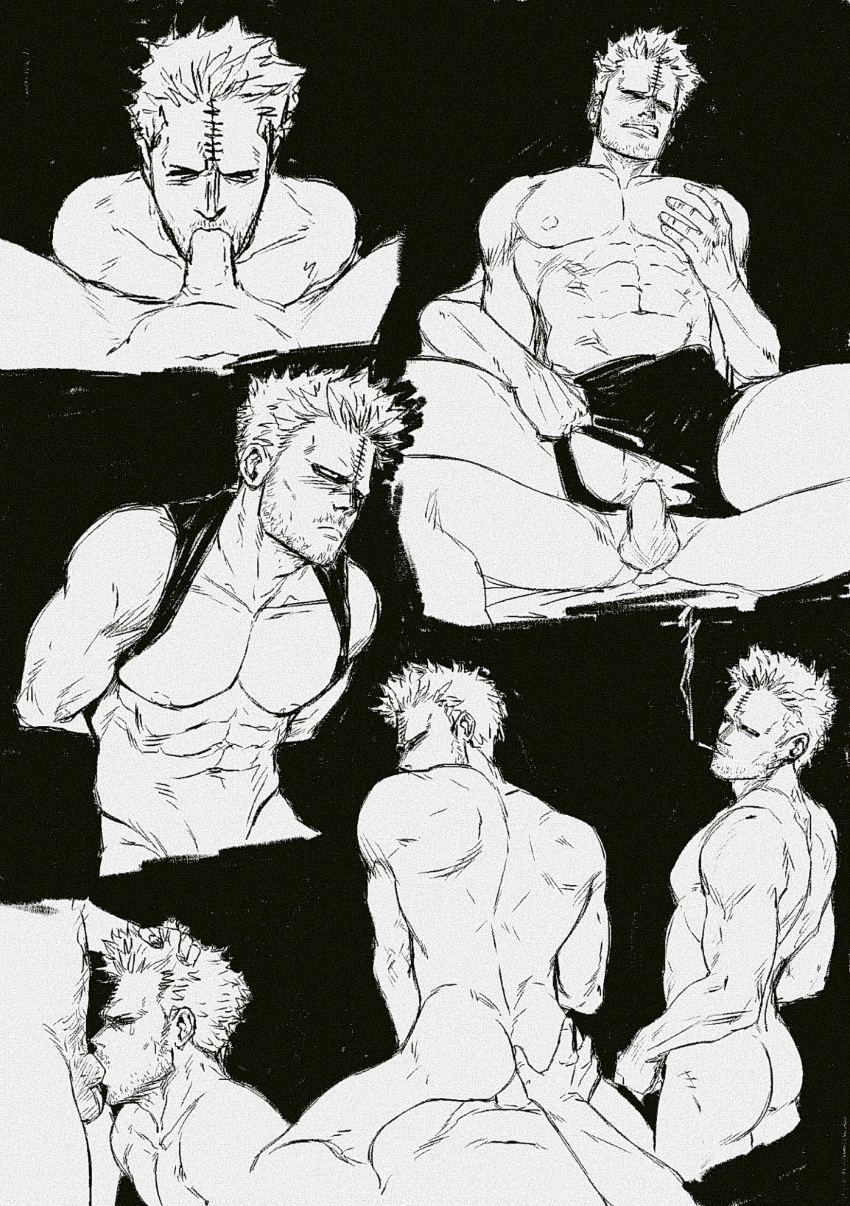 2boys abs absurdres anal arms_behind_back ass ass_grab bara bare_pectorals beard_stubble blush boku_no_hero_academia bulge clothes_lift completely_nude cropped_torso erection erection_under_clothes fellatio from_side grabbing grabbing_another's_ass grabbing_from_behind greyscale groping highres irrumatio male_focus mature_male messy_hair monochrome multiple_boys multiple_views muscular muscular_male mustache_stubble narrowed_eyes navel nipples no_eyebrows nude oral pectorals pov pov_crotch sex sex_through_torn_clothes shirt_behind_neck shirt_lift short_hair smokerichi smoking stitches stomach tearing_clothes thighs topless_male torn_clothes twice_(boku_no_hero_academia) yaoi