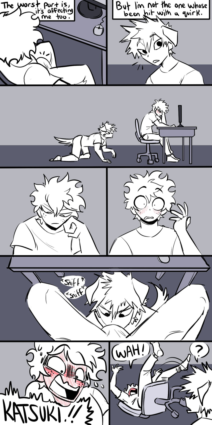 absurd_res animal_humanoid between_legs blush canid canid_humanoid canine canine_humanoid chair clothed clothing comic crawling dialogue dog_humanoid duo english_text erection erection_under_clothing floppy_ears fully_clothed furniture hi_res human humanoid inside izuku_midoriya katsuki_bakugou male male/male mammal mammal_humanoid my_hero_academia pretty_werewolf sniffing speech_bubble tail text