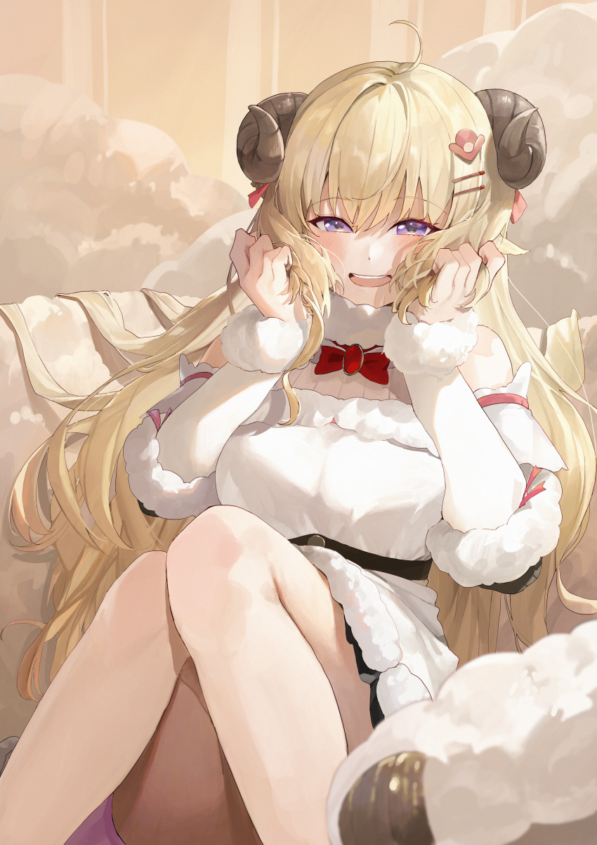1girl absurdres ahoge animal_ears blonde_hair breasts bunching_hair commentary detached_sleeves dress empire_waist enokinoko1010 feet_out_of_frame fur-trimmed_dress fur_trim hair_ornament hairclip highres holding holding_hair hololive horns long_hair looking_at_viewer medium_breasts open_mouth purple_eyes sheep_ears sheep_girl sheep_horns sitting sleeveless sleeveless_dress smile solo tsunomaki_watame underbust very_long_hair virtual_youtuber white_dress