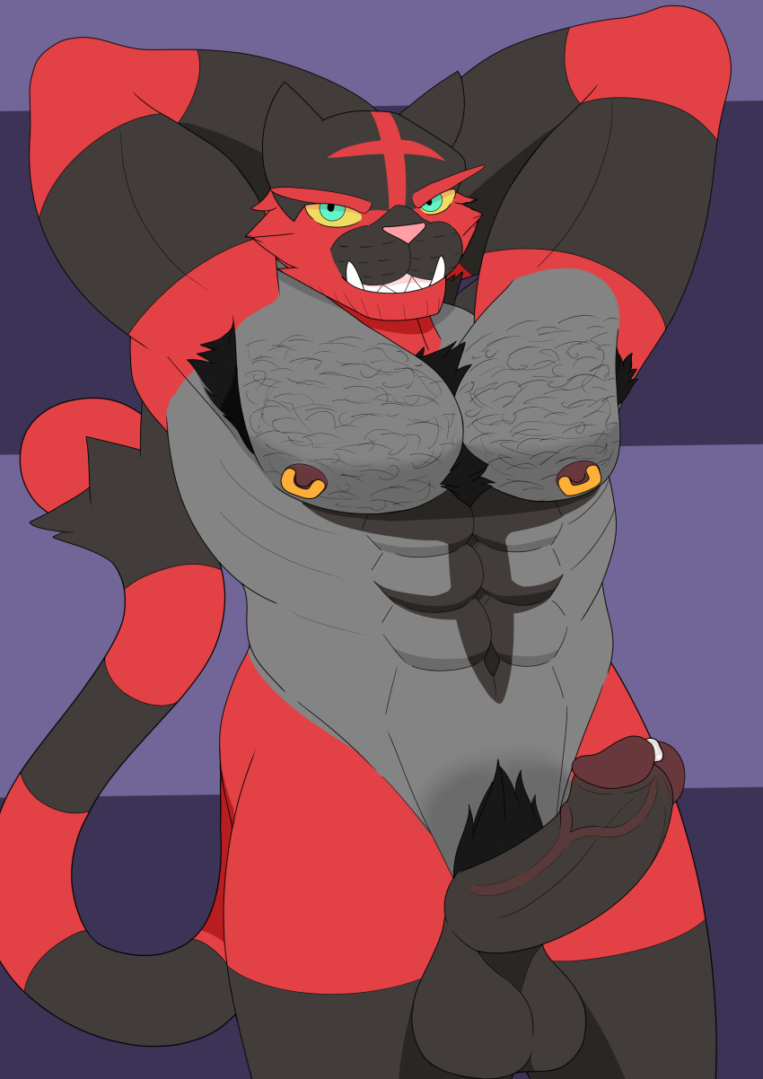 2023 3loy abs absurd_res anthro armpit_hair balls biceps bodily_fluids body_hair cum digital_drawing_(artwork) digital_media_(artwork) erection facial_hair fangs felid feline fur generation_7_pokemon genital_fluids genitals grin hi_res incineroar looking_at_viewer male mammal muscular muscular_anthro muscular_male nintendo nipple_piercing nipples nude pantherine pecs penis piercing pokemon pokemon_(species) pubes red_body red_fur smile solo solo_focus teeth tiger vein veiny_penis