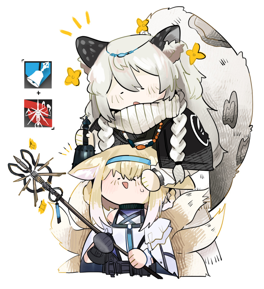 ._. 2girls animal_ear_fluff animal_ears arknights bell black_gloves blonde_hair blue_hairband braid braided_hair_rings colored_tips fox_ears fox_girl fox_tail gloves grey_hair hair_between_eyes hair_rings hairband highres holding holding_bell holding_staff kitsune kyuubi leopard_ears leopard_girl leopard_tail long_hair multicolored_hair multiple_girls multiple_tails odmised open_mouth pramanix_(arknights) short_hair side_braid simple_background single_glove staff suzuran_(arknights) tail twin_braids white_background white_hair