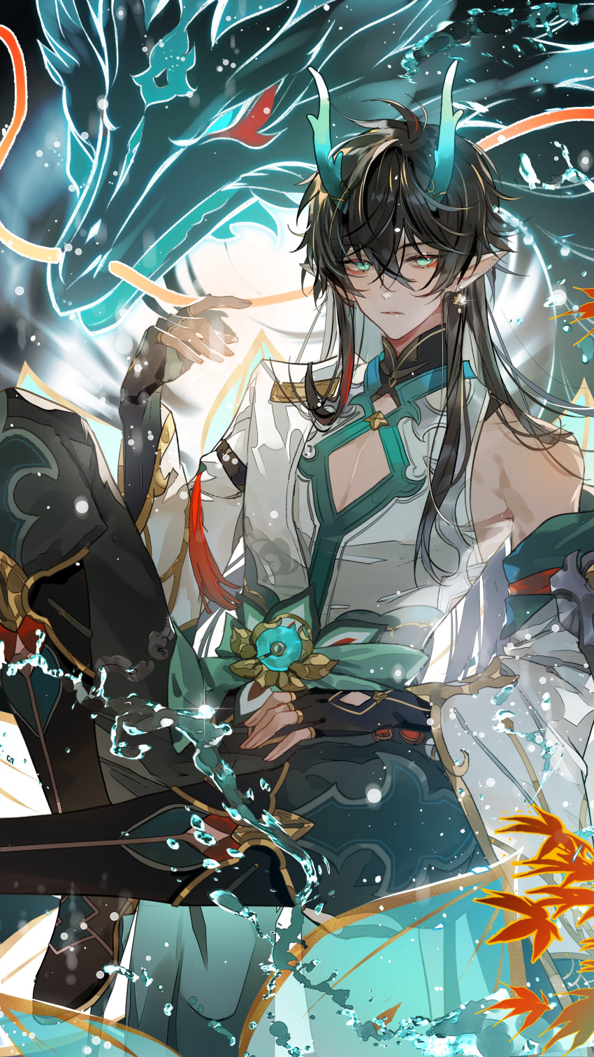 1boy absurdres bare_shoulders black_gloves black_hair chinese_clothes dan_heng_(honkai:_star_rail) dan_heng_(imbibitor_lunae)_(honkai:_star_rail) detached_sleeves dragon dragon_boy dragon_horns earrings elbow_gloves expressionless fingerless_gloves gloves green_eyes green_horns grey_shirt hair_between_eyes highres honkai:_star_rail honkai_(series) horns jewelry long_hair long_sleeves looking_at_viewer male_focus moon pointy_ears red_eyeliner shirt single_earring sleeves_past_elbows solo traditional_clothes upper_body water white_sleeves zishengtian123