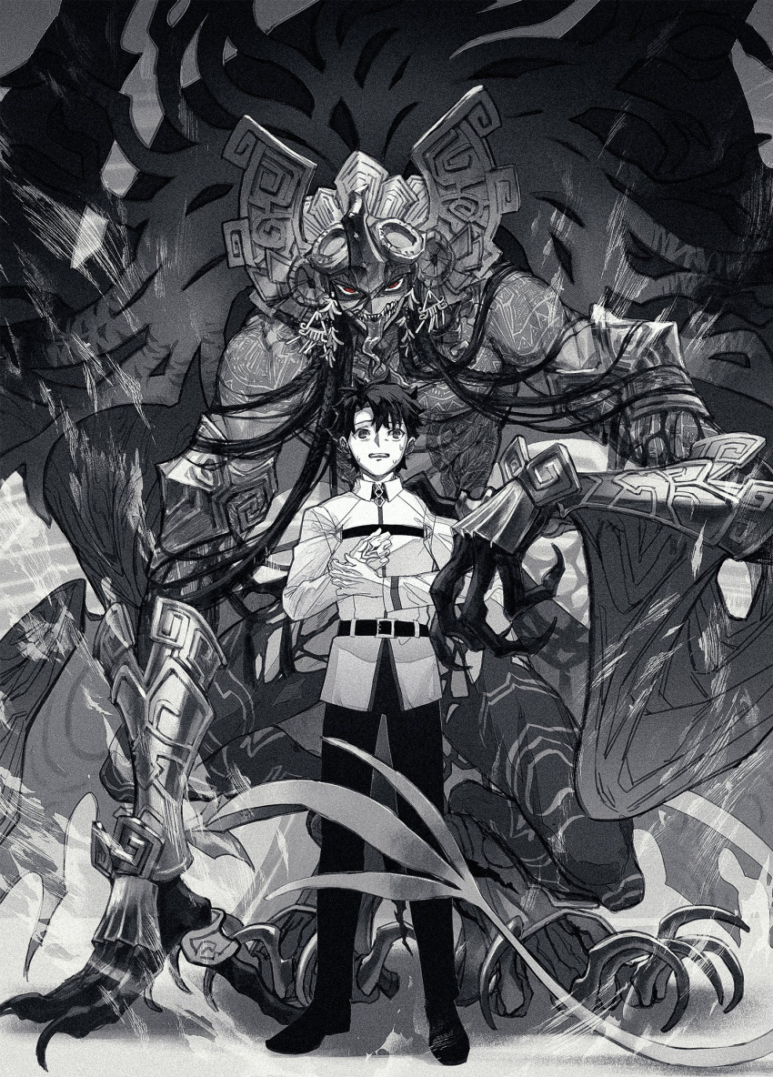 2boys animal_feet bat_wings black_hair braid camazotz_(fate) chaldea_uniform claws command_spell dark-skinned_male dark_skin digitigrade fate/grand_order fate_(series) fujimaru_ritsuka_(male) full-body_tattoo greyscale hand_on_ground headpiece highres long_arms long_hair long_sleeves looking_at_viewer male_focus mameo_kun maya_(culture) monochrome monster_boy multiple_boys multiple_braids sharp_teeth short_hair size_difference squatting tattoo teeth topless topless_male wings