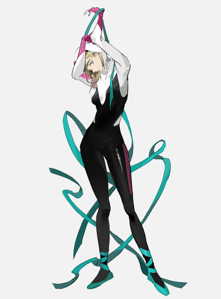 1girl absurdres arms_up ballet_slippers blonde_hair blue_ribbon bodysuit colored_tips full_body gwen_stacy highres hood hooded_bodysuit kinoko83954937 marvel multicolored_hair ribbon simple_background solo spider-gwen spider-man:_across_the_spider-verse spider-man_(series) spider_web_print standing