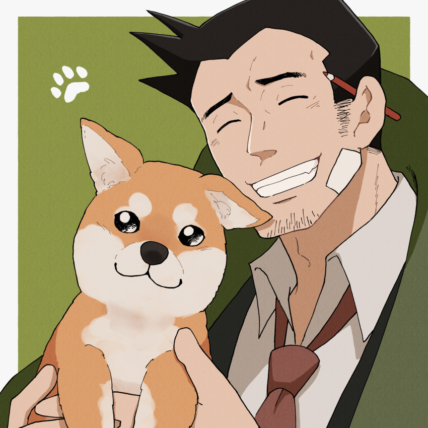 1boy ace_attorney animal bandaid bandaid_on_cheek bandaid_on_face black_hair caramelrag closed_eyes coat collared_shirt dick_gumshoe dog facial_hair green_coat highres holding holding_animal holding_dog male_focus missile_(ace_attorney) necktie open_mouth pencil_behind_ear shirt short_hair smile solo stubble upper_body