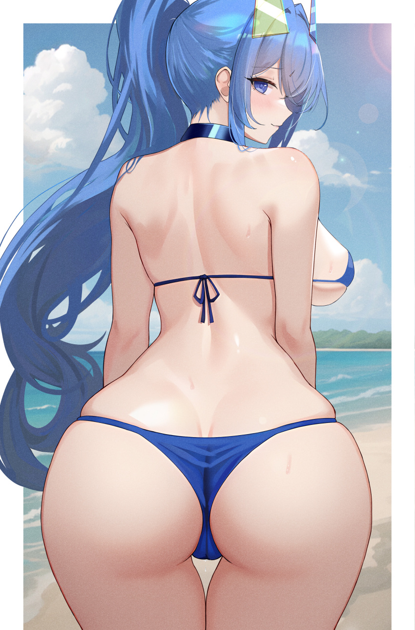 1girl absurdres ass azur_lane back bare_shoulders beach bikini blue_bikini blue_eyes blue_hair blush breasts cameltoe choker from_behind high_ponytail highres huge_ass large_breasts long_hair looking_at_viewer looking_back musicatopos new_jersey_(azur_lane) new_jersey_(midsummer_leisure)_(azur_lane) ocean official_alternate_costume outdoors ponytail solo swimsuit thigh_gap thighs very_long_hair