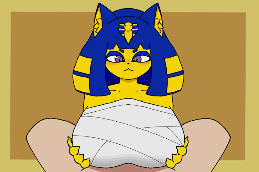 2d_animation 3:2 animal_crossing animated ankha_(animal_crossing) anthro big_breasts blue_hair breasts clothing digital_media_(artwork) domestic_cat duo felid feline felis female fur gloomylemon hair male male/female mammal nintendo short_playtime simple_background yellow_body