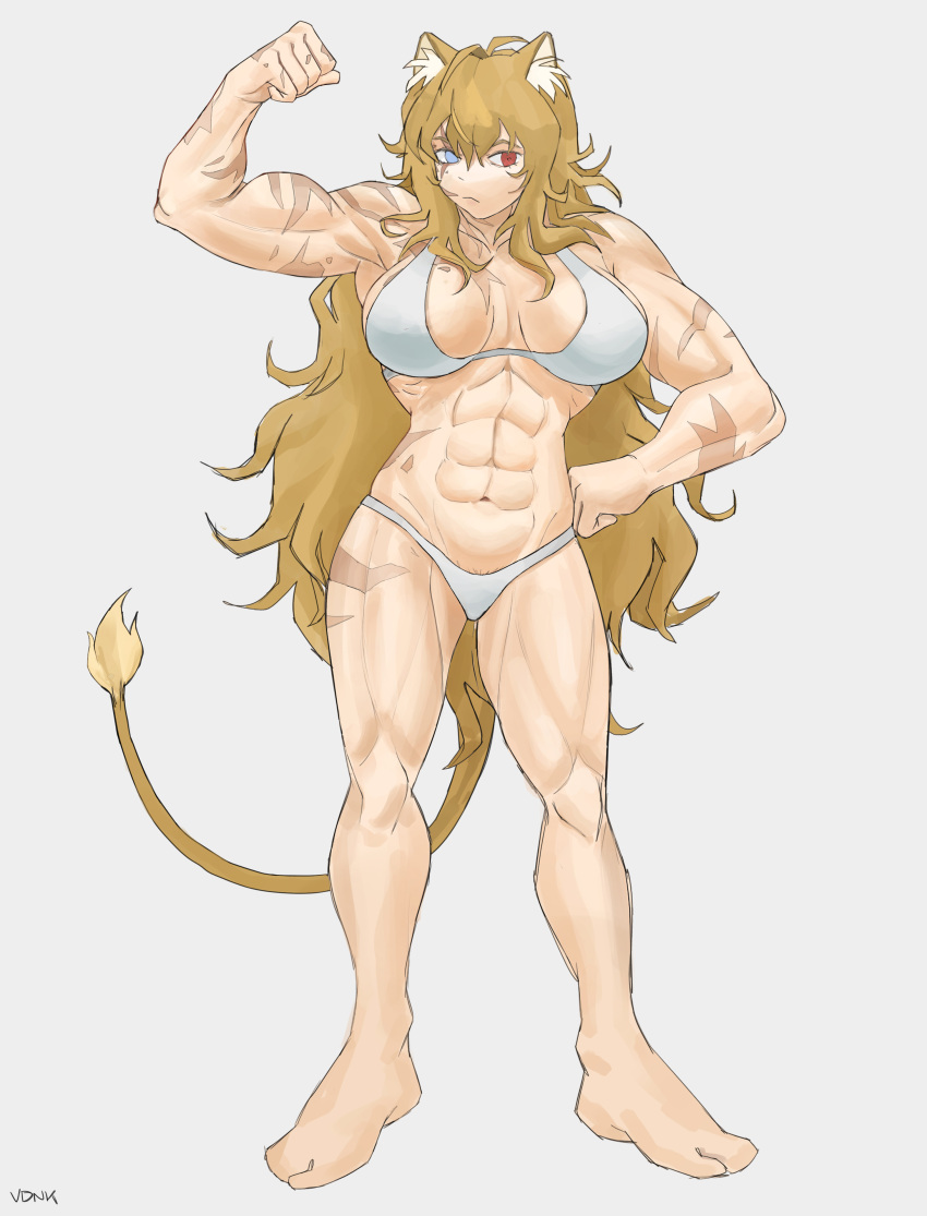 19vodnik 1girl abs absurdres blue_eyes breasts cat_girl cat_tail cleavage heterochromia highres lion_girl lion_tail long_hair looking_to_the_side muscular muscular_female original red_eyes scar signature solo tail