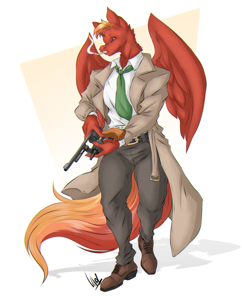 anthro back_wings blonde_hair boots bottomwear cigarette clothing coat dress_shirt dullvivid equid equine feathered_wings feathers footwear fur gun hair half-closed_eyes handgun hi_res male mammal narrowed_eyes necktie pants pegasus pistol ranged_weapon red_body red_feathers red_fur revolver shirt simple_background smoking smoking_tobacco solo topwear trenchcoat weapon white_background wings