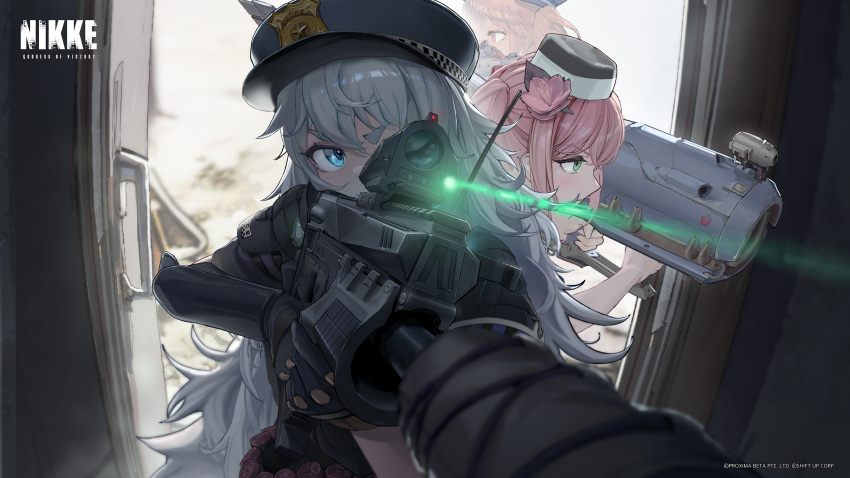 3girls absurdres aiming artist_request black_gloves blue_eyes brown_hair doorway flower gloves goddess_of_victory:_nikke green_eyes hair_flower hair_ornament hat highres holding holding_rocket_launcher holding_weapon indoors laser_sight long_hair long_sleeves looking_through_scope miranda_(nikke) multiple_girls official_art outdoors pink_flower pink_hair poli_(nikke) police police_hat police_uniform policewoman quiry_(nikke) rocket_launcher scope standing uniform weapon white_hair