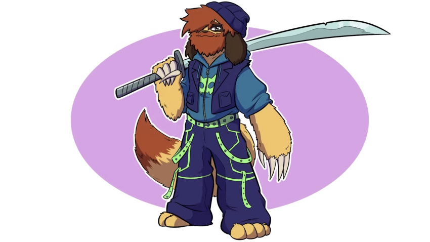 anthro baggy_pants beanie beard bottomwear brown_body brown_fur brown_hair canid canine canis clawed_fingers clothed clothing domestic_dog drawfee drawfee_(copyright) facial_hair floppy_ears fluffy fluffy_tail fully_clothed fur hair hat headgear headwear hi_res hindpaw hoodie hybrid male mammal melee_weapon nathan_fursona nathan_yaffe orange_body orange_fur pants paws pilosan sloth solo sword tail topwear vest weapon xenarthran