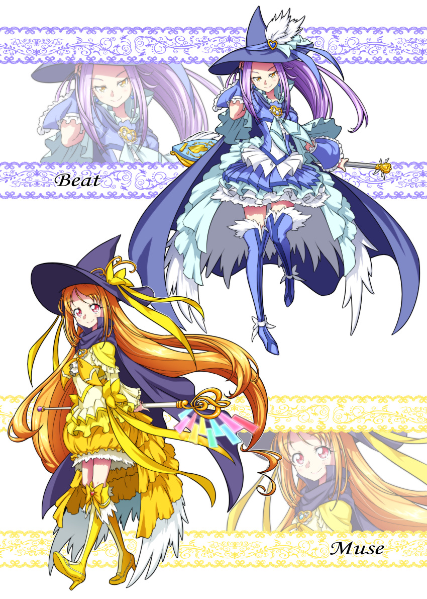 2girls absurdres adapted_costume alternate_costume blue_cape blue_dress blue_footwear blue_thighhighs boots cape character_name commentary_request cure_beat cure_muse_(yellow) dress earrings eyelashes frilled_dress frills hair_ornament happy hat high_heel_boots high_heels highres jewelry knee_boots kurokawa_eren large_hat looking_at_viewer magical_girl matatabi_(karukan222) multiple_girls orange_hair ponytail precure puffy_short_sleeves puffy_sleeves purple_hair red_eyes seiren_(suite_precure) shirabe_ako short_sleeves side_ponytail smile staff standing suite_precure thigh_boots thighhighs thighs wand witch witch_hat yellow_dress yellow_eyes yellow_footwear