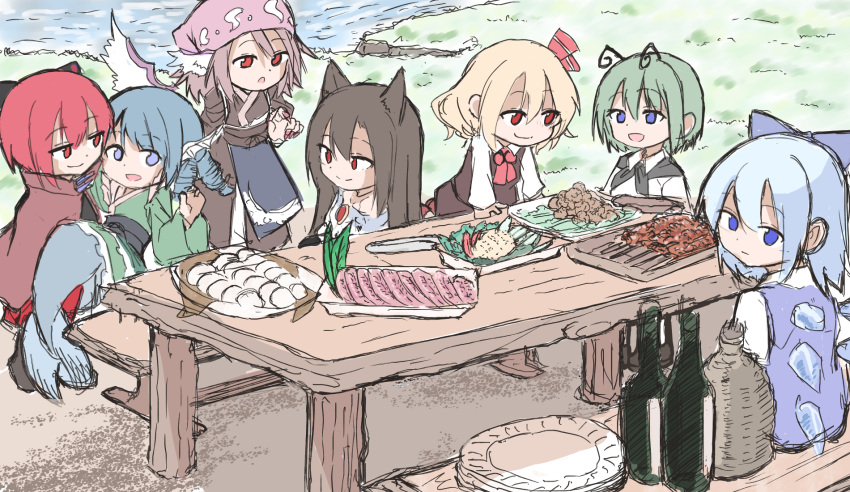 6+girls :/ :d :o animal_ears antennae apron ascot bird_ears bird_wings black_skirt black_vest blonde_hair blue_eyes blue_hair bottle bow brooch brown_hair carrying cirno detached_wings dot_nose fins food full_body grass grass_root_youkai_network green_hair hair_between_eyes hair_bow head_fins head_scarf highres ice ice_wings imaizumi_kagerou jewelry light_brown_hair light_smile looking_at_another looking_at_viewer mermaid misty_lake monster_girl multiple_girls mystia_lorelei okamisty outdoors picnic plate princess_carry red_ascot red_bow red_eyes red_hair rumia sekibanki shinmon_akika short_hair sitting_on_bench sketch skirt skirt_set smile touhou vest waist_apron wakasagihime wine_bottle wings wolf_ears wriggle_nightbug