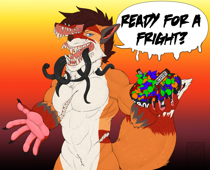 absurd_res alien anthro body_horror candy canid canine dessert feroxdoon food fox frightening hi_res horror_(theme) huniiheart_(artist) inviting male mammal monster mouths nonbinary_(lore) open_mouth red_fox scary scary_face solo teeth tentacles terrifying tongue transformation