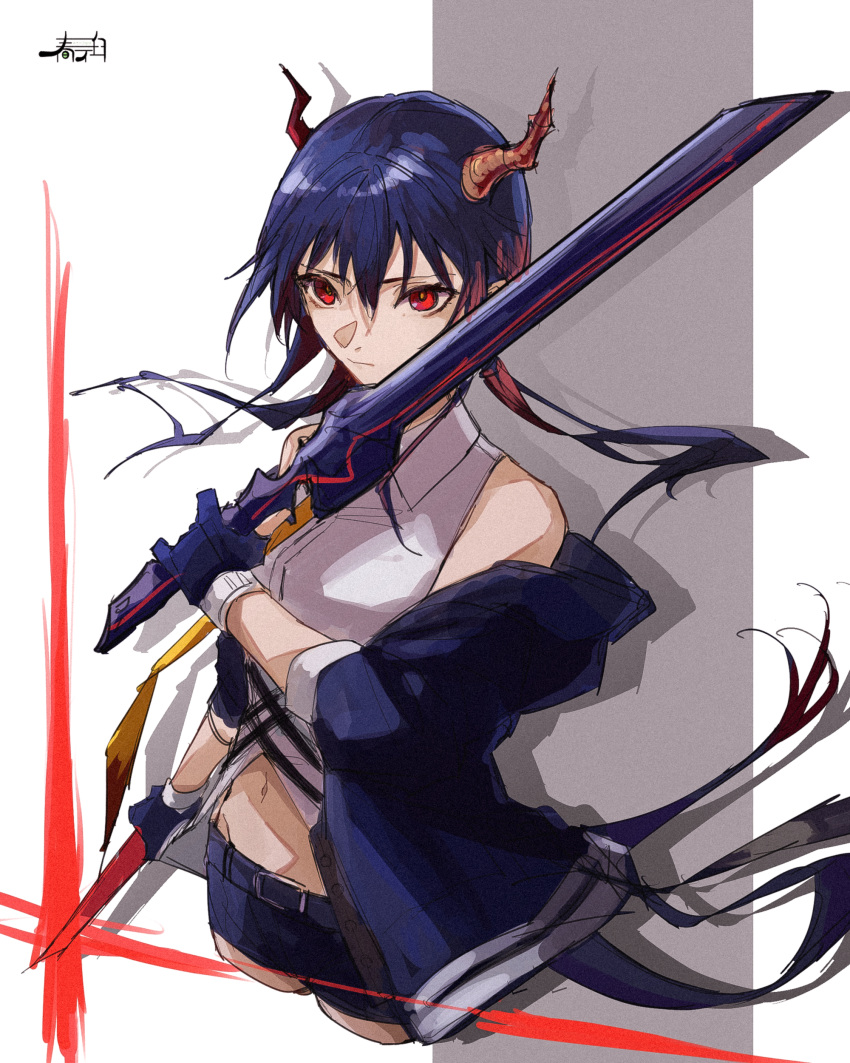 1girl absurdres arknights bare_shoulders blue_gloves blue_hair blue_jacket blue_shorts breasts ch'en_(arknights) closed_mouth collared_shirt crop_top cropped_legs dragon_girl dragon_horns dragon_tail dress_shirt gloves grey_background hair_between_eyes harukan_tiusu highres holding holding_sword holding_weapon horns jacket long_sleeves midriff navel neckerchief off_shoulder open_clothes open_jacket puffy_long_sleeves puffy_sleeves red_eyes shirt short_shorts shorts sleeveless sleeveless_shirt small_breasts solo sword tail two-tone_background weapon white_background white_shirt yellow_neckerchief