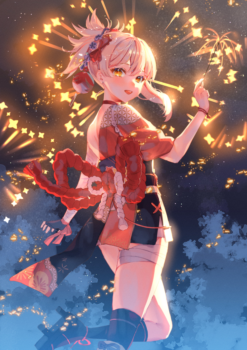 1girl :d absurdres arm_tattoo bandaged_arm bandaged_leg bandages black_footwear black_socks blonde_hair blush bracelet choker fingerless_gloves fireworks flower_tattoo foot_out_of_frame foot_up from_side genshin_impact geta gloves hadanugi_dousa hair_between_eyes hair_ornament harushio high_ponytail highres holding_fireworks japanese_clothes jewelry kimono long_hair looking_at_viewer open_mouth orange_kimono ponytail red_choker rope shimenawa sidelocks single_fingerless_glove smile socks solo sparkler tattoo thighs yellow_eyes yoimiya_(genshin_impact)