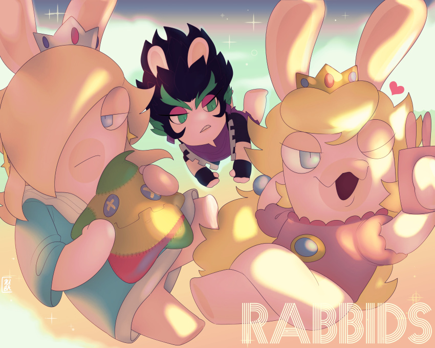 absurd_res ambiguous_gender animal_humanoid blonde_hair clothed clothing crossover crown digital_media_(artwork) edge_(mario_plus_rabbids) female female/female fur gloves green_hair group hair hair_over_eye handwear headgear hi_res humanoid kubasama_(artist) lagomorph luma makeup mammal mammal_humanoid mario_bros mario_plus_rabbids_kingdom_battle mario_plus_rabbids_sparks_of_hope nintendo one_eye_obstructed rabbid rabbid_peach rabbid_rosalina raving_rabbids rayman_(series) simple_background trio ubisoft white_body